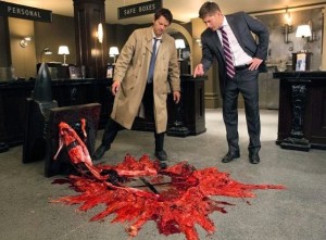 Castiel and Dean investigatae a fallen anvil.