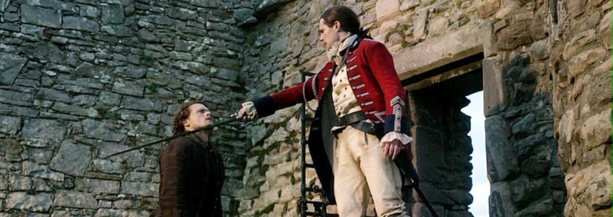 Lord John holds a sword to Jamie's throat.